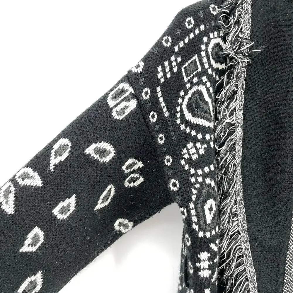 Made in Italy | Black White Paisley Jacquard Knit Fringe Cardigan *no belt* S